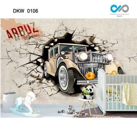 پوستر دیواری اتاق کودک نوجوان - طرح خارج شدن ماشین کارتونی از دیوار شکسته - کد DKW-0106 - 2
