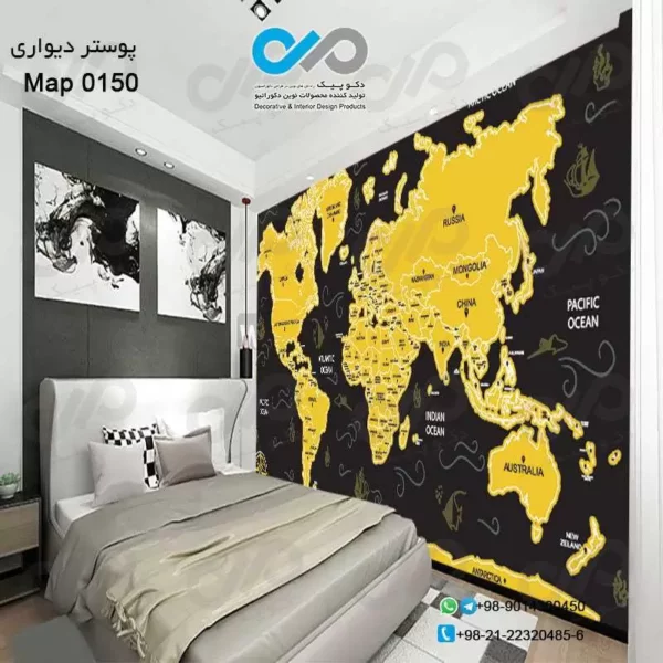 پوستر-دیواری-دکوپیک-با-طرح-نقشه-کد-۰۱۵۰-نمایی-از-پوستر-دیواری-نقشه-و-تخت-خواب