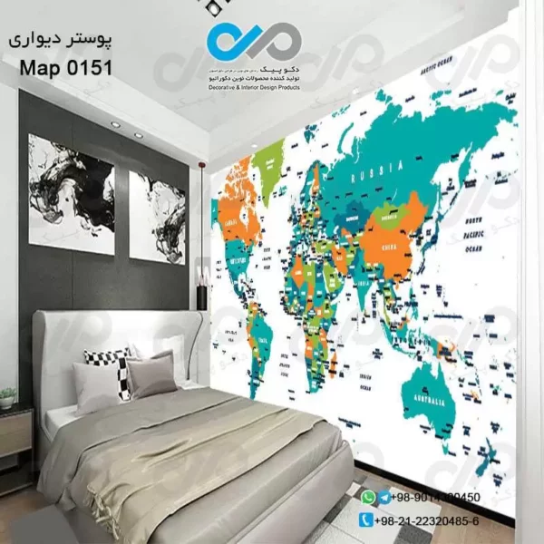 پوستر-دیواری-دکوپیک-با-طرح-نقشه-کد-۰۱۵۱-نمایی-از-کاغذ-دیواری-و-تختخواب