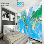 کاغذ-دیواری-دکوپیک-با-طرح-نقشه-جهان-کد-۰۱۵۷-نمایی-از-پوستر-دیواری-و-تختخواب