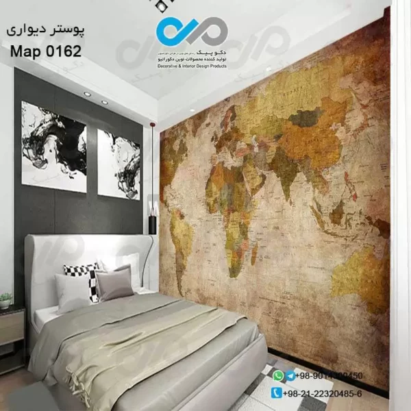 کاغذ-دیواری-دکوپیک-با-طرح-نقشه-جهان-کد-۰۱۶۲-نمایی-از-پوستر-دیواری-و-تختخواب