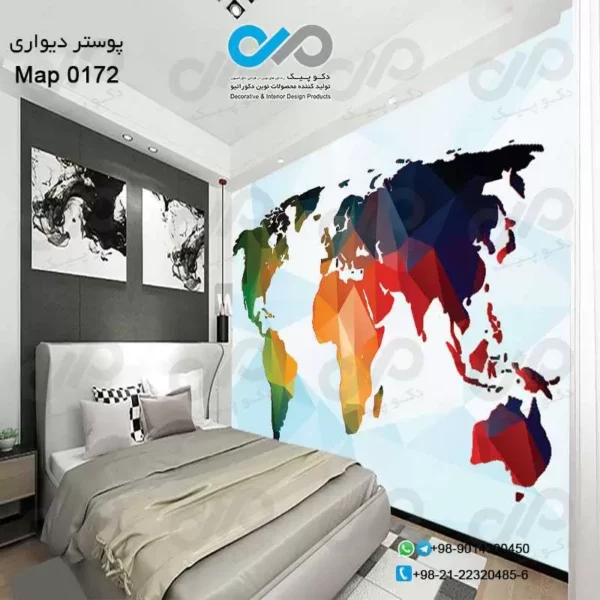 کاغذ دیواری با طرح نقشه جهان کد ۰۱۷۲ نمایی از کاغذ دیواری و تختخواب