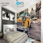 پوستر دیواری سه بعدی تصویری اتاق خواب با تصویر تاکسی کلاسیک زرد-کدCC311
