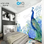 پوستردیواری اتاق خواب با تصویر طاووس آبی کنار گل های آبی -PC410