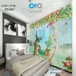 پوستر3بعدی تصویری- اتاق خواب با تصویر طاووس-گل-درب طرح دار -PC404