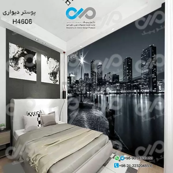پوستر دیواری تصویری اتاق خواب با تصویر برج های کنار دریا درشب-کد-H4606