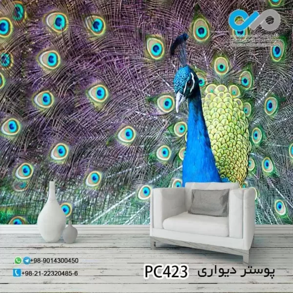 پوستر دیواری تصویری پذیرایی تصویر تک طاووس آبی سبز نمانزدیک -PC423