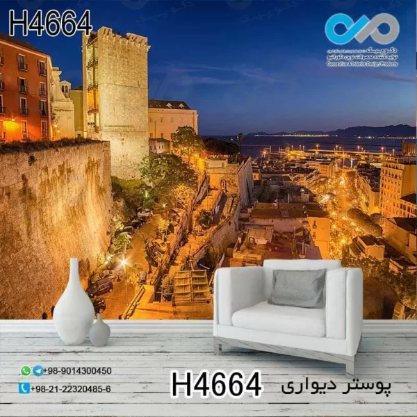 پوستر دیواری تصویری پذیرایی باتصویرساختمان کنار دریا-شب -کدH4664