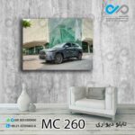 تابلو دیواری دکوپیک طرح خودرو مدرن آبی جلوی ساختمان-کد MC_260 - مستطیل افقی