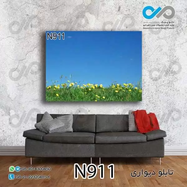 تابلو دیواری دکوپیک طبیعت طرح آسمان آبی و دشت پرگل- کد N911 مستطیل افقی