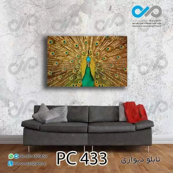 تابلو دیواری دکوپیک طرح طاووس سبز با پرهای باز-کدPC_433 مستطیل افقی