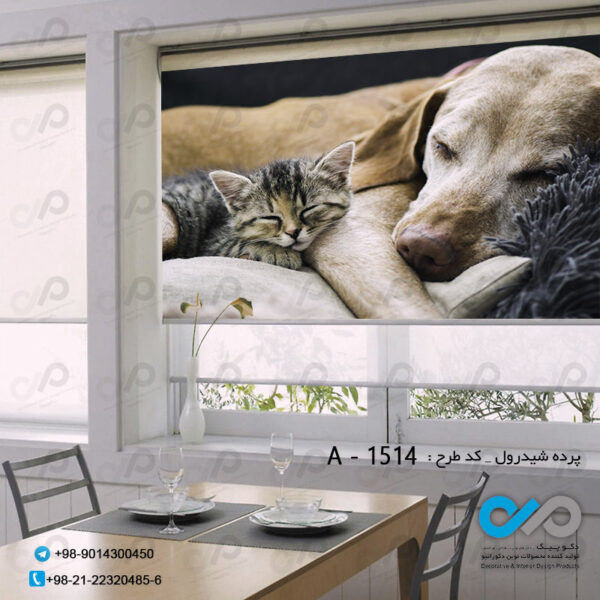 پرده شید رول تصویری با تصویر دوستی سگ و گربه - کدA1514