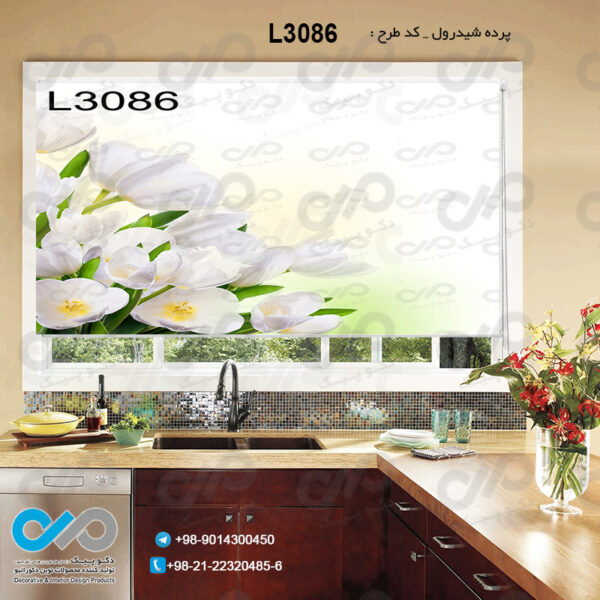 پرده شید رول تصویری با تصویر گل های سفید - کد L3086